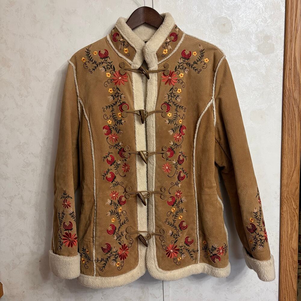 VTG 90's St Johns Bay Suede Embroidered Sherpa Phoebe Friends Jacket Boho XL